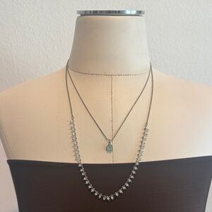 Layered Silver Necklace with Aqua Teardrop Pendant - Women Jewelry